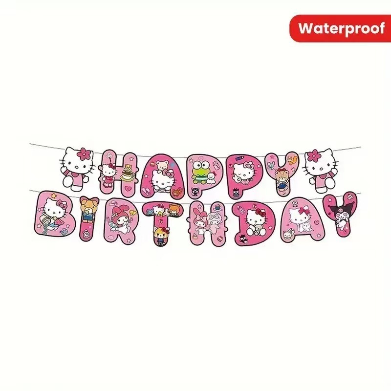 跨境新款kt猫主题派对装饰儿童生日拉旗蛋糕插牌气球桌布螺旋套装|undefined
