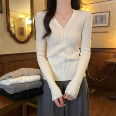V领长袖毛衣针织打底衫美式高级感收腰显瘦2025春秋纯欲内搭毛衣
