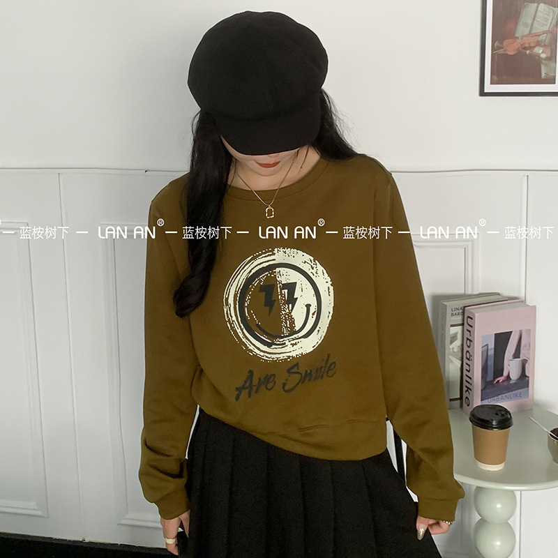 Blue eucalyptus autumn new autumn double-sided cotton student round neck long sleeve shoulder sweater