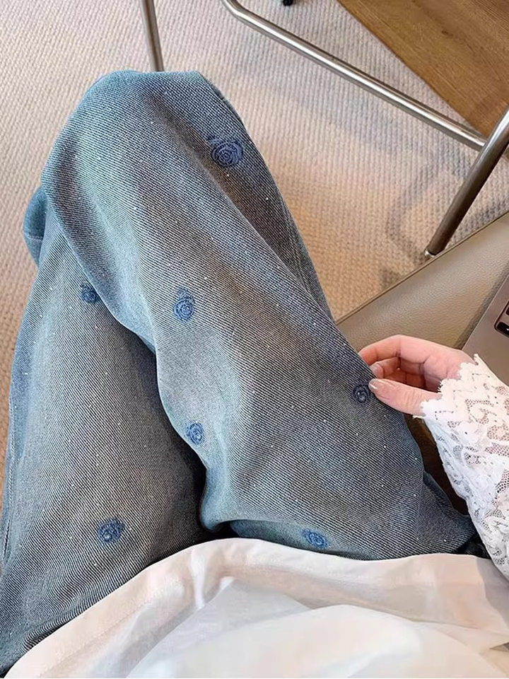 Quần jeans nữ ống rộng lưng cao dài chạm đất thêu đính đá pha lê chất denim co giãn — Màu xanh chín điểm, quần xanh