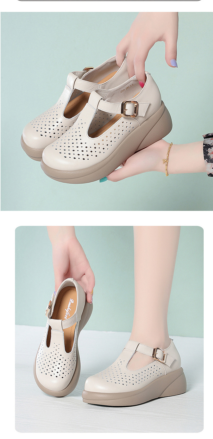 Sandal nữ đế dày gót thô da thật quai dán mũi tròn phong cách hè — Nâu【Kiểu lỗ】 chi tiết 8