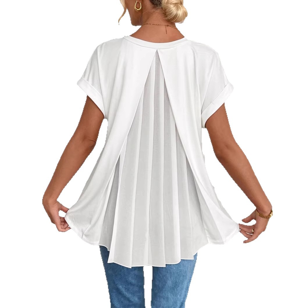 Women's Clothing Spring Women's Cross Border Top V Neck Short Sleeve Pleated Fashionable And Stylish Women's Clothing_ecoleips.com