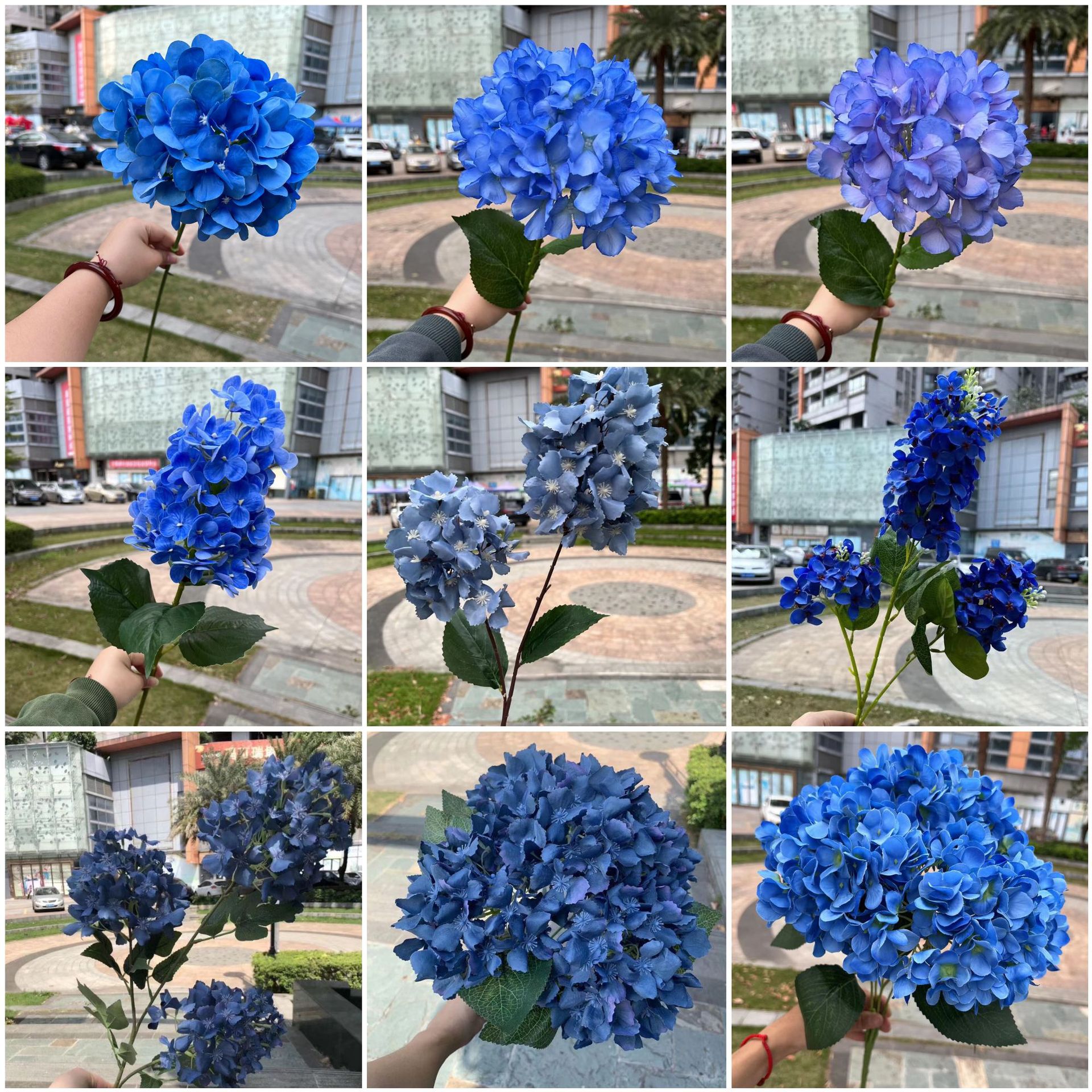 Nuevo azul sola cabeza Hortensia Comercio exterior luz azul oscuro boda simulación Hortensia carretera plomo techo mano sosteniendo flor falsa al por mayor