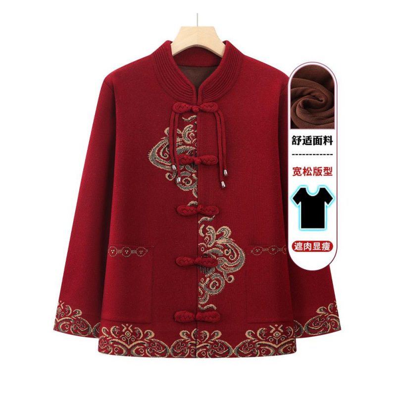 妈妈针织开衫加绒保暖外套老年人秋冬奶奶装太太老人衣服加厚毛衣