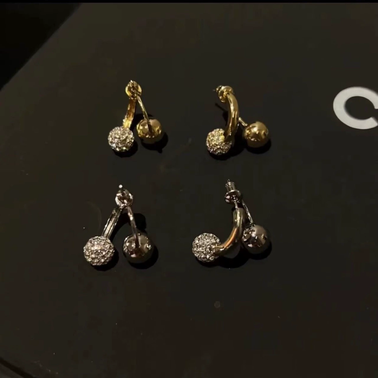 Small earrings, glossy silver needle, double wear
