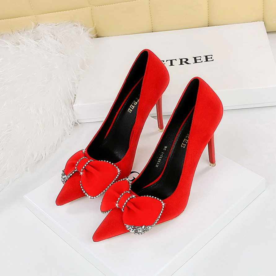9511-H31 Light Luxury Banquet Heels Stiletto Suede Shallow Pointed Toe Rhinestone Bow Super High Heel Single Shoes For_vogvips.com