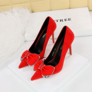 9511-H31 Luxury Banquet High Heels with Thin Heels, Suede Surface, Shallow Mouth, Sharp Point, Rhinestone Bow, Super Hig