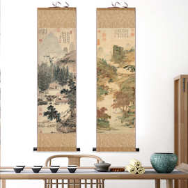 无边卷轴挂画丝绸装饰字画仿古明代字画听琴品茶图唐伯虎文征明字