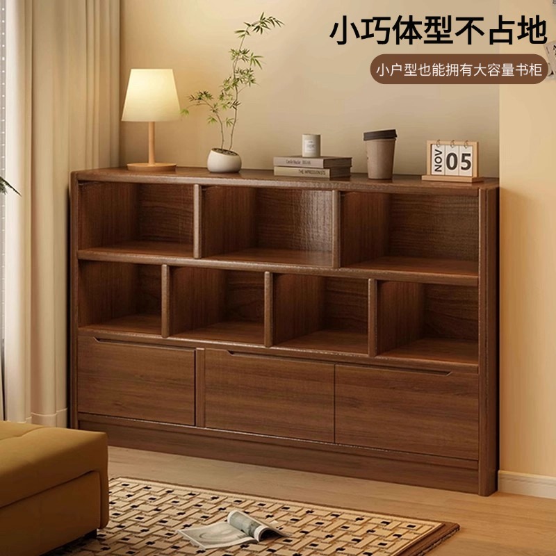 Bookcase Storage Cabinet Integrated Small Apartment Storage Rack Bookshelf Floor-Standing Cabinet Door Low Cabinet Living Room Walnut Color Cabinet H^