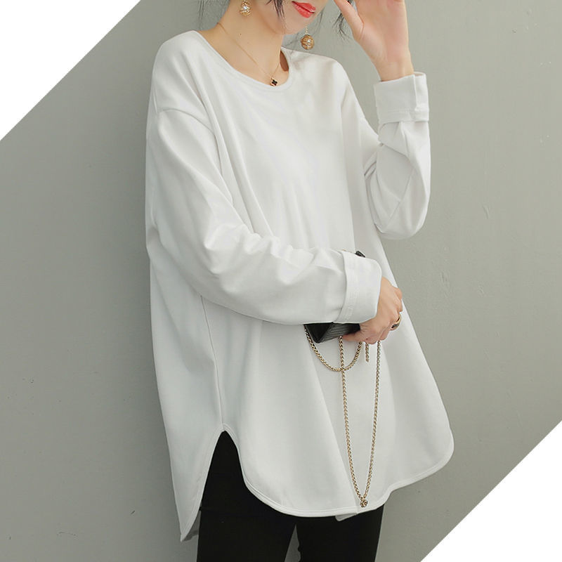 百搭神器圆领圆摆长袖白色T恤女宽松加绒加厚打底衫前短后长上衣