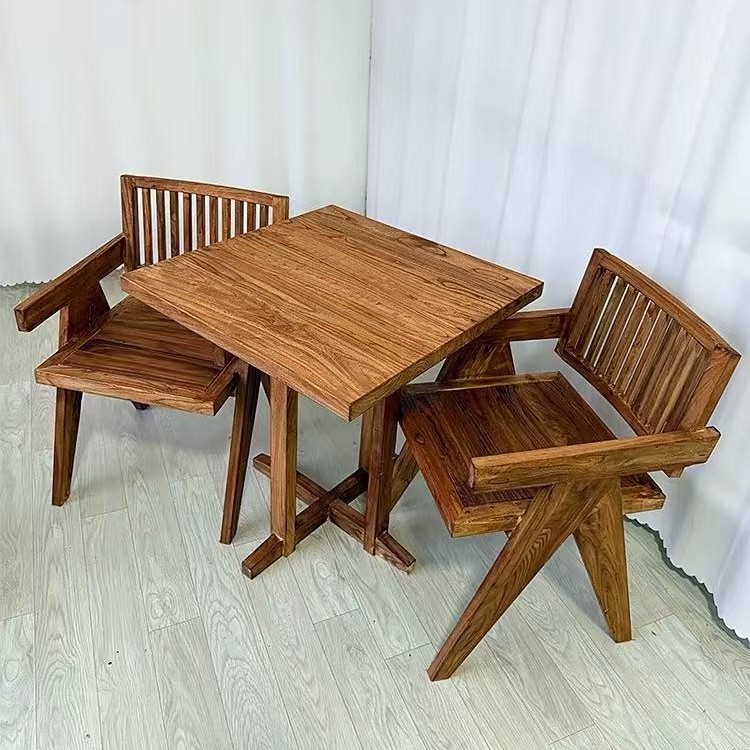 Wabi-Sabi Style Old Elm Wood Coffee Table, Rustic Vintage Leisure Dining Table, Solid Wood Tea Table and Chair Set, Bar Dining Table