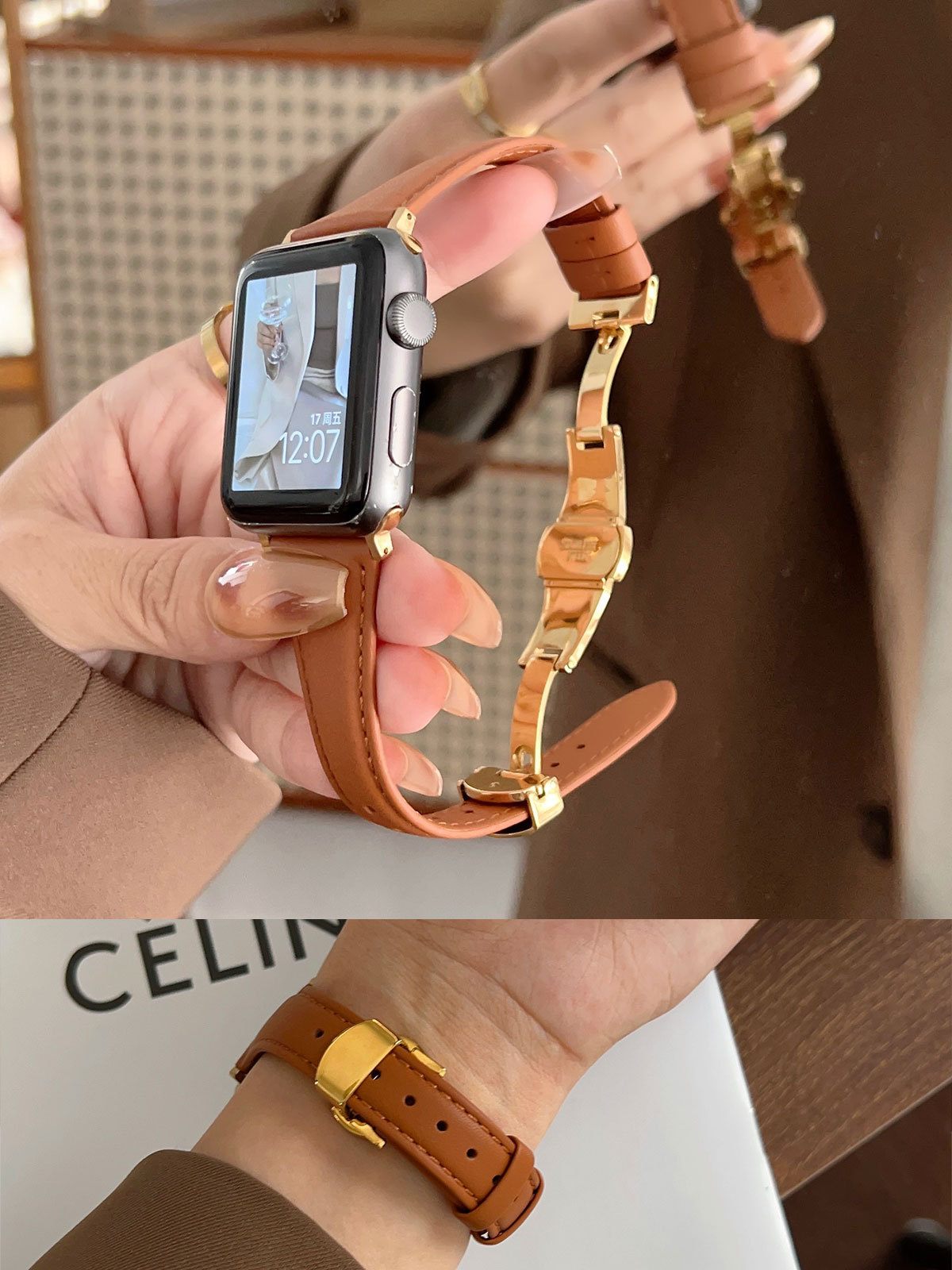 Nueva pequeña cintura adecuada para Apple Watch 8 Correa mariposa hebilla cuero fino watch765432 generación se