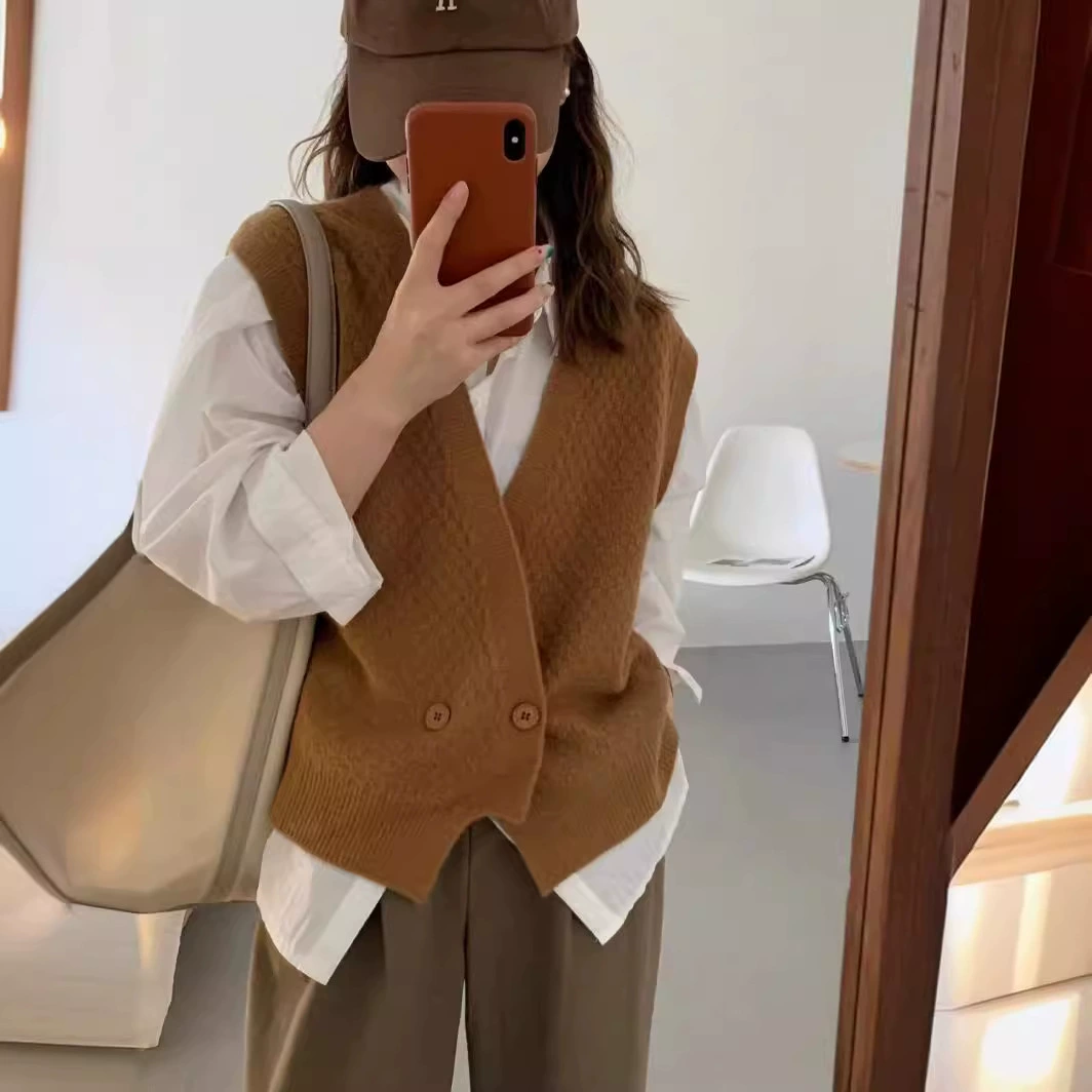 Нерегулярный вязаный жилет Пальто Женский осенний Простой Элегантный женский жилет Наборный японский свитер без рукавов