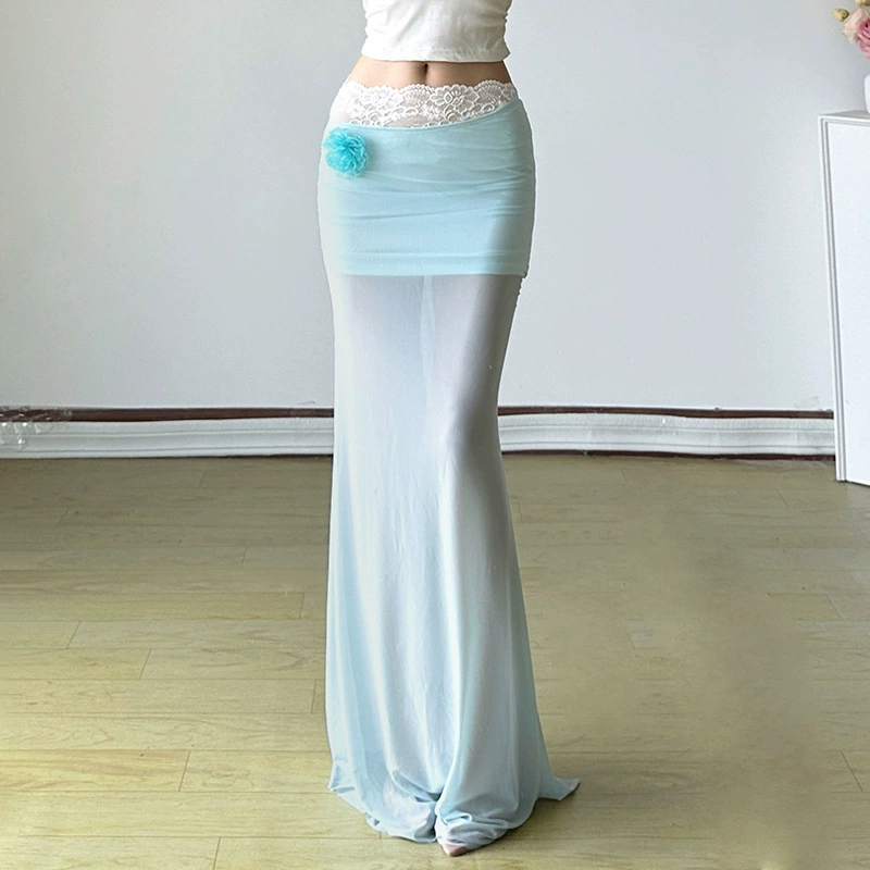 Сексуальная свежая праздничная стильная трехмерная сетчатая слегка прозрачная юбка на бедрах, нишевая длинная юбка с кружевом на талии