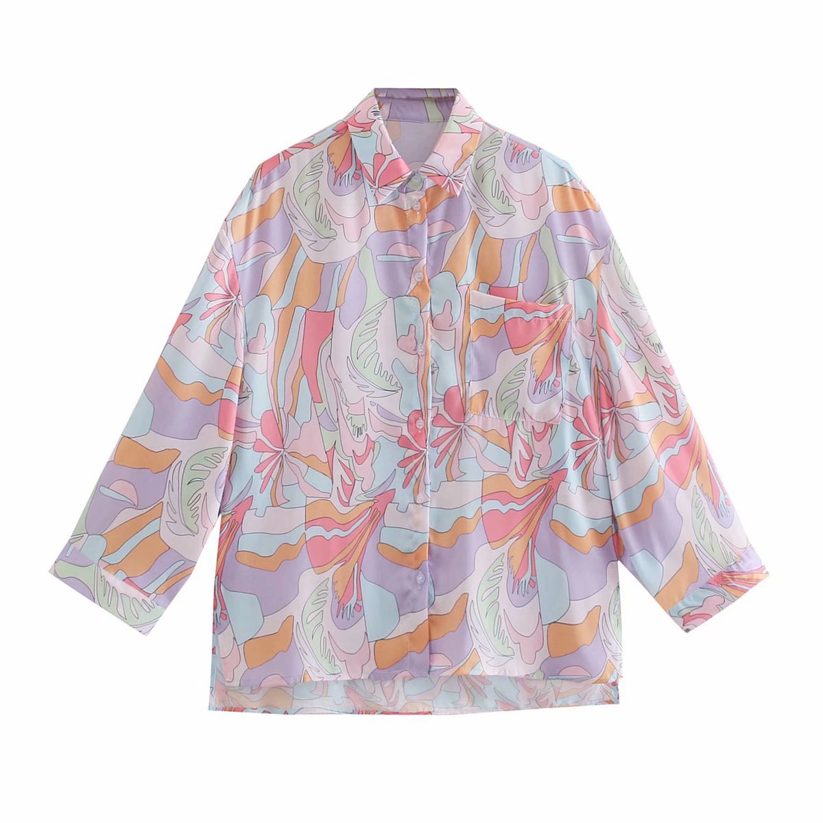 Abstract pattern print lapel long sleeve polyester casual blouse NSAM81820