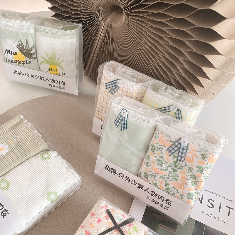 【2条盒装】新款甜美少女中腰棉印花可爱蝴蝶结舒透气三角内裤JH