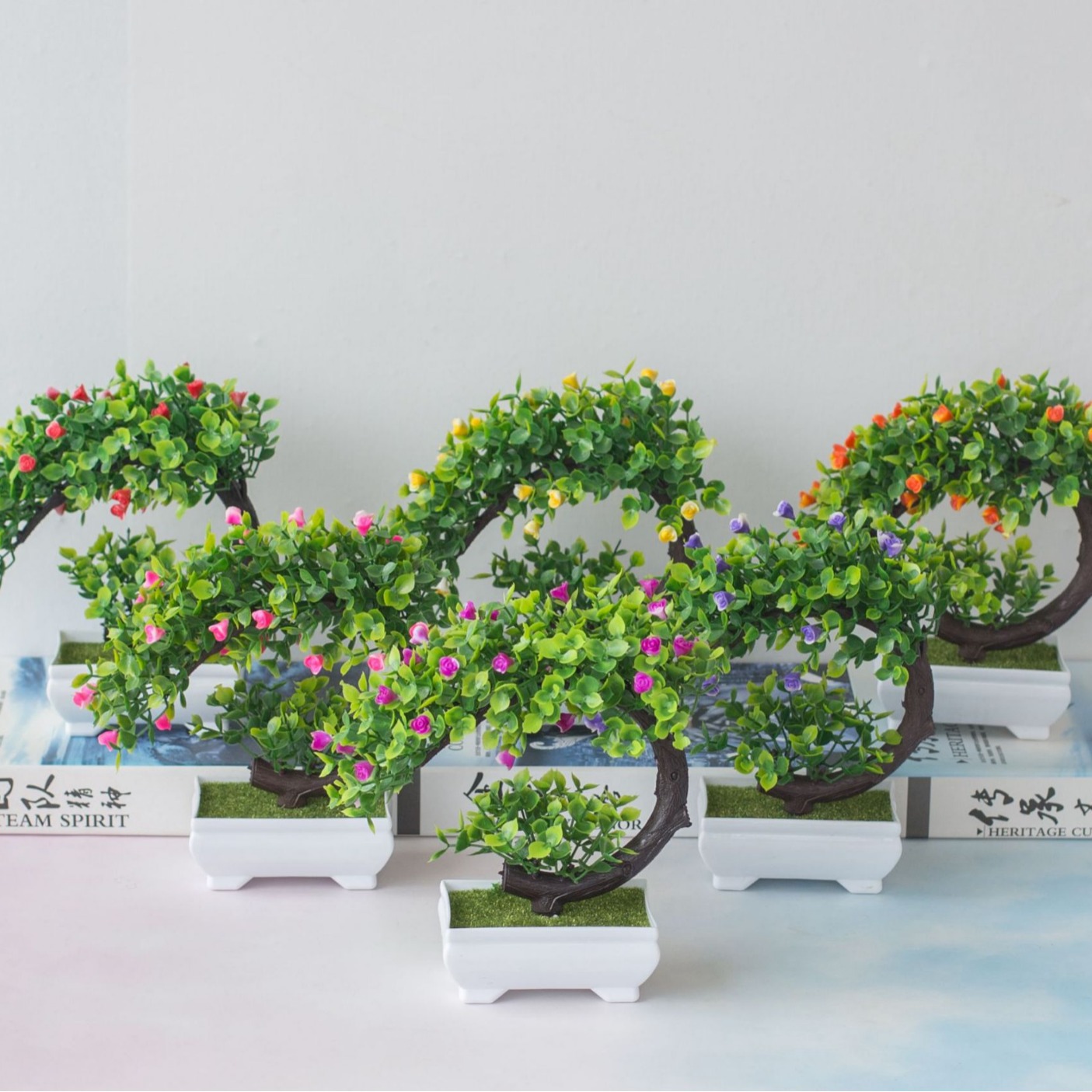 Simulated plant bonsai, simulated small tree bonsai, plastic flower pots, green plants, fake flowers, potted plants, flower ornaments wholesale