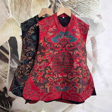 2025新款民族风复古立领盘扣马甲女文艺时尚重工刺绣缎面宽松背心