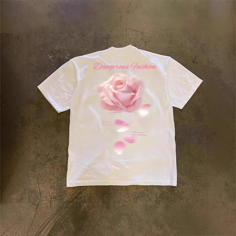 250 grams of heavy cotton! American-style oversize Pink Rose Printed Couple Women's Loose Short-sleeved T-shirt for Men