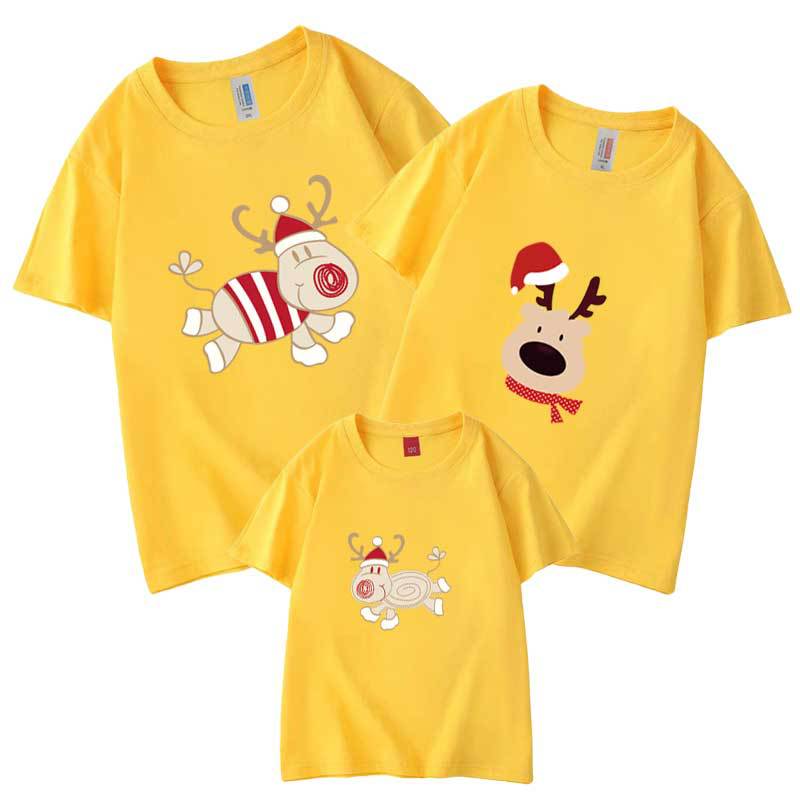 Mameluco verano ciervos de Navidad de producción propia de algodón peinado ropa de padres e hijos ropa de clase impresa ropa para niños manga corta cuello redondo Camiseta