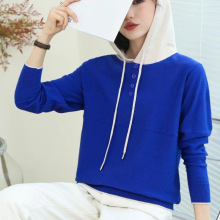 2022秋冬新款上衣女连帽套头拼色毛衣女宽松显瘦针织衫卫衣9343