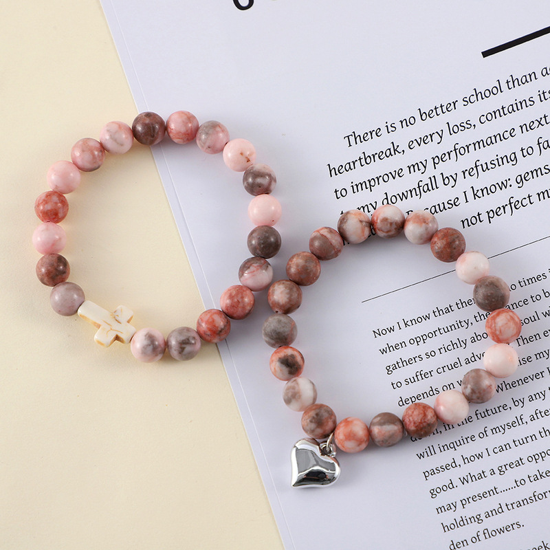 Cross-Border Amazon Natural Stone Cross Bracelet Pink Zebra Elastic Love Beaded Bracelet Men and Women Friendship Gift