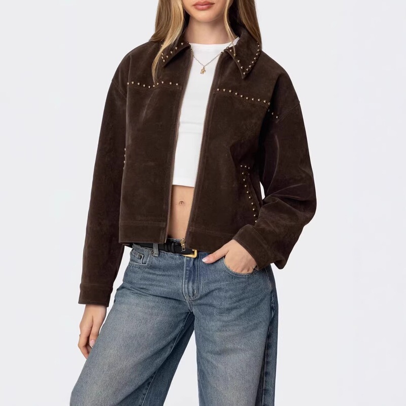 Cross-Border Rivet-Decorated Corduroy Jacket European and American Retro Brown Lapel Zipper Loose Short Workwear Jacket Cross-Border Rivet-Decorated Corduroy Jacket European and American Retro Brown Lapel Zipper Loose Short Workwear Jacket