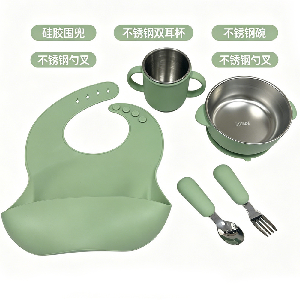 Cross-Border Maternal and Infant Products, Children's Complementary Food Tableware, Bowls, Baby Training Stainless Steel Plates, Forks and Spoons, 6-Piece Set in Stock
