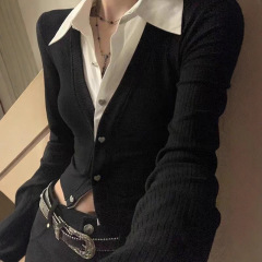春秋辣妹修身假两件polo领衬衫女大码胖mm别致长袖显瘦短款上衣服