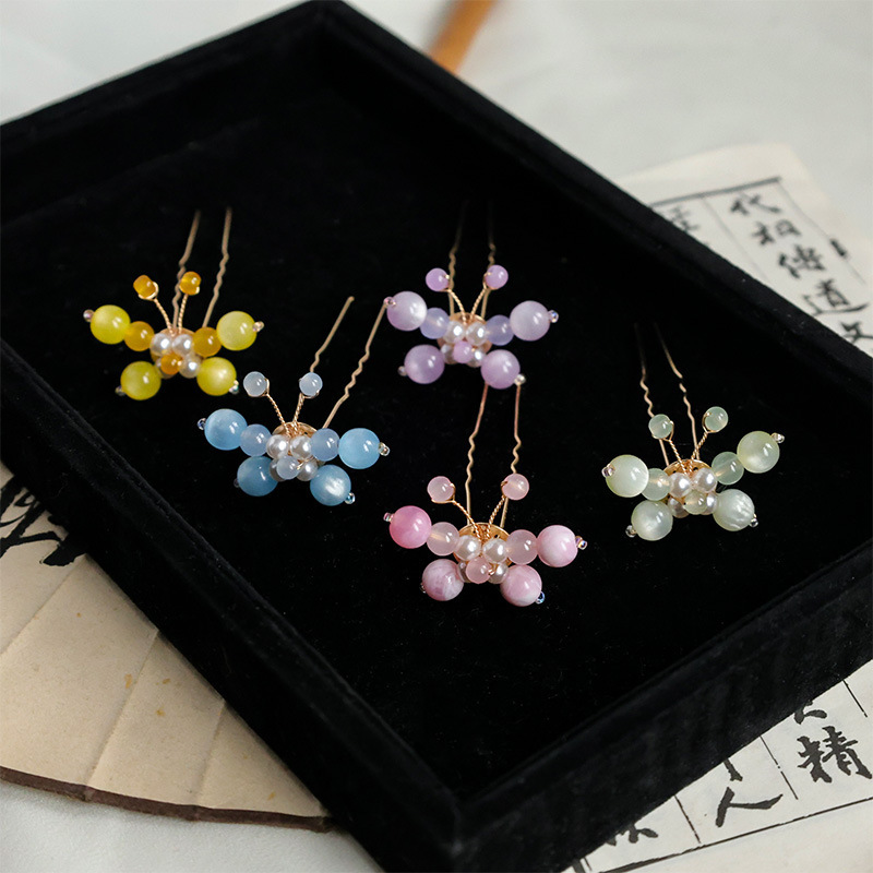 Butterfly Embellished Small Hairpin U-Shaped Hairpin Super Fairy Pink Flower Pearl Tassel Hairpin Ancient Style Fresh Pair of Hairpins to Cover the Hair