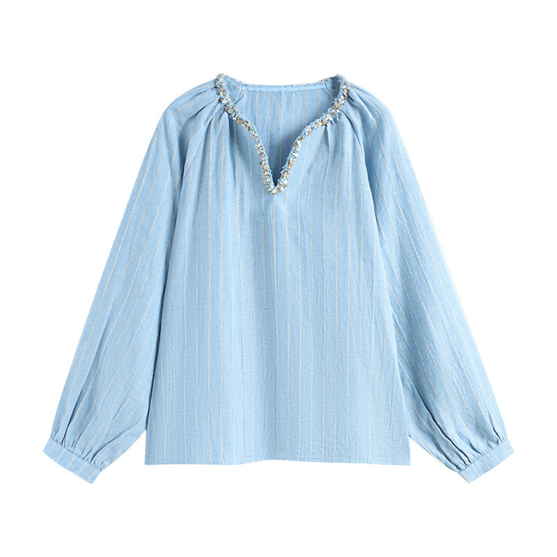 High-End Handmade Beaded Linen Shirt for Women 2025 New Autum High-End Blue Stripesd Elegant Top