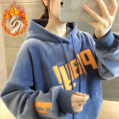 双面复合绒卫衣女加绒加厚韩版宽松秋冬季网红连帽上衣外套潮