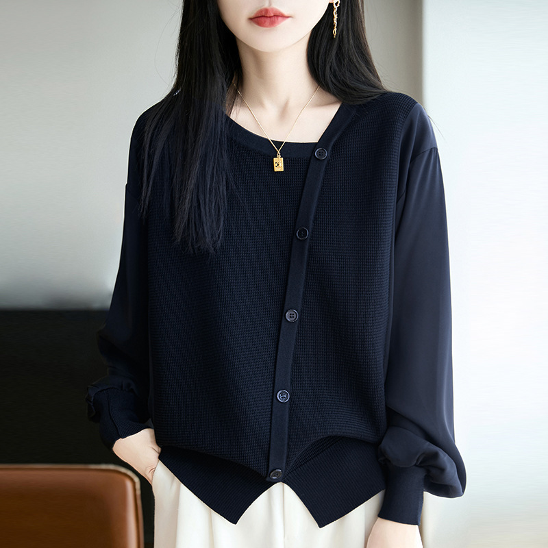 秋装假两件套拼接针织宽松遮肚套头上衣减龄洋气时尚百搭女装小衫|undefined
