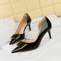 638-AK57 Banquet Women's Shoes High Heels Lacquer Leather Shallow Mouth Pointed Side Hollow Metal Belt Buckle Decorative Single Shoes