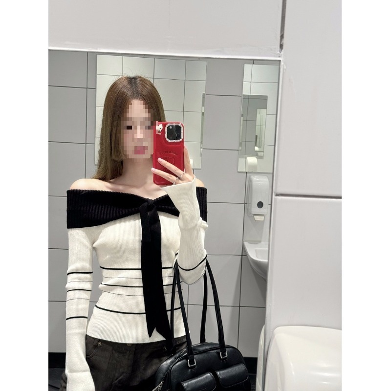 气质设计感撞色条纹一字肩毛衣针织衫女早秋小众修身短款露肩上衣|undefined