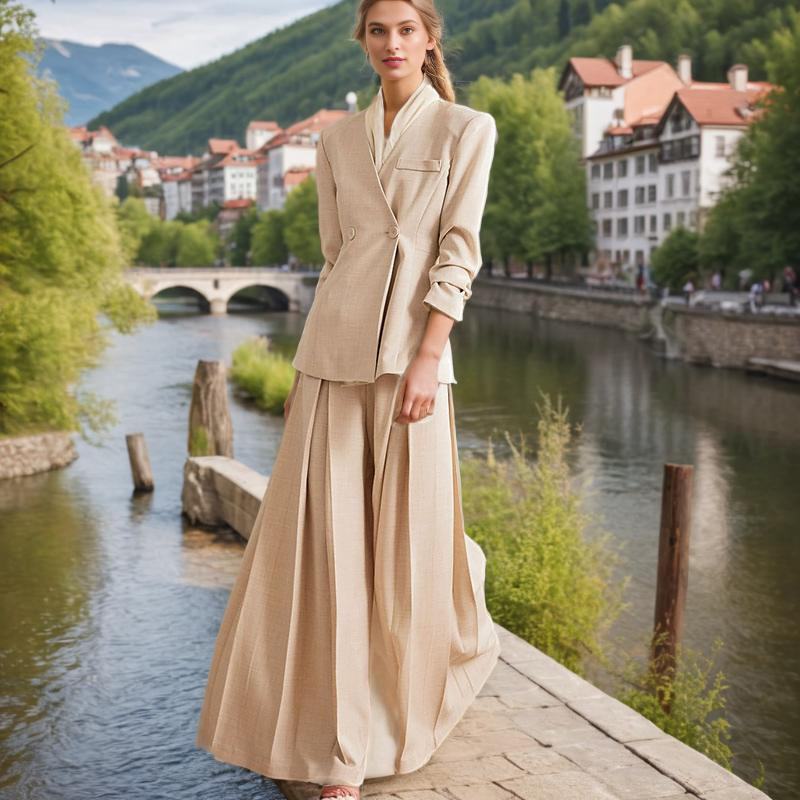 GraceChic Modischer Freizeitanzug für Damen 2025: Neuer Blazer mit V-Ausschnitt, langen Ärmeln und Bindeband + hochtaillierte, gerade geschnittene Hose mit weitem Bein._voghion.com