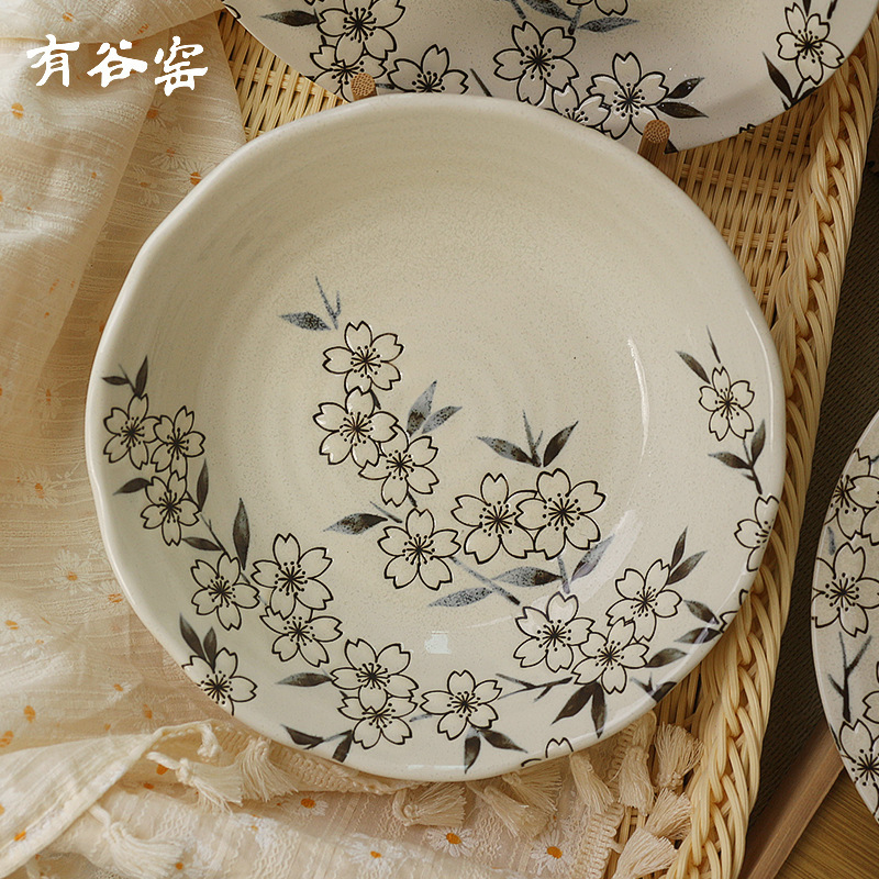 2 Pieces Minimum Order Japanese Imported Kawajin Sakura Underglaze Ceramic Tableware Rice Bowl Deep Plate Noodle Bowl Japanese Tableware Gift Box