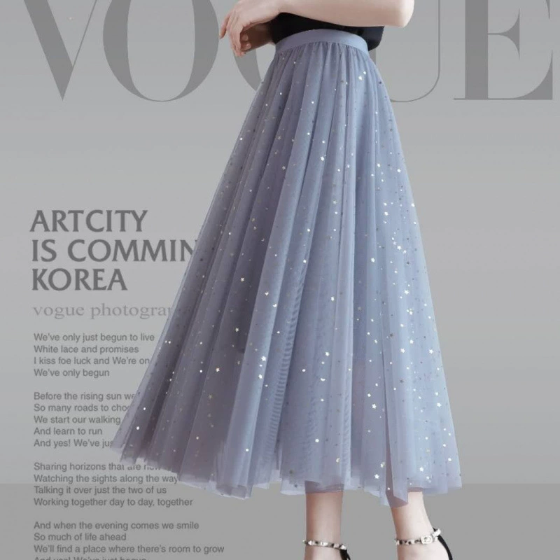 2025 Весна/Лето Новая Высокая Талия Утягивающая Юбка-Миди с Паетками и Сеткой Универсальная Сказочная Юбка.