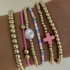 波西米亚风十字架手工串珠6件套手链组合CBB多层叠戴手串套装饰品