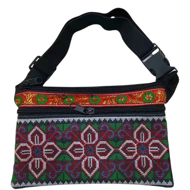 Factory Direct Supply Ethnic Style Embroidery Waist Bag Cross-stitch Flower Crossbody Bag Middle-aged and Elderly Women's Lace Waist Bag Stall Bag