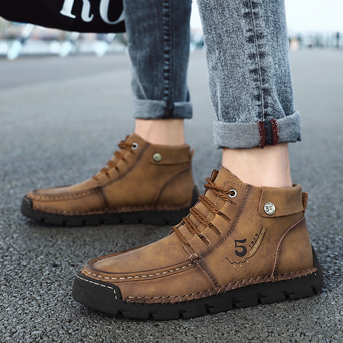Men's Casual Shoes Korean Style High-Top Leather Boots Trendy Large Men's Boots Breathable Driving Shoes Fashion