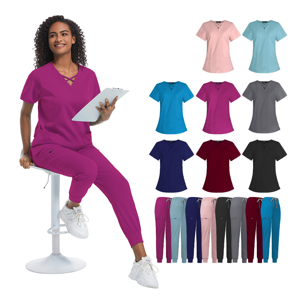 Alta calidad médico uniforme superior jogging pantalones de manga corta Hospital Médico enfermera escote en V esmerilado traje Amazon