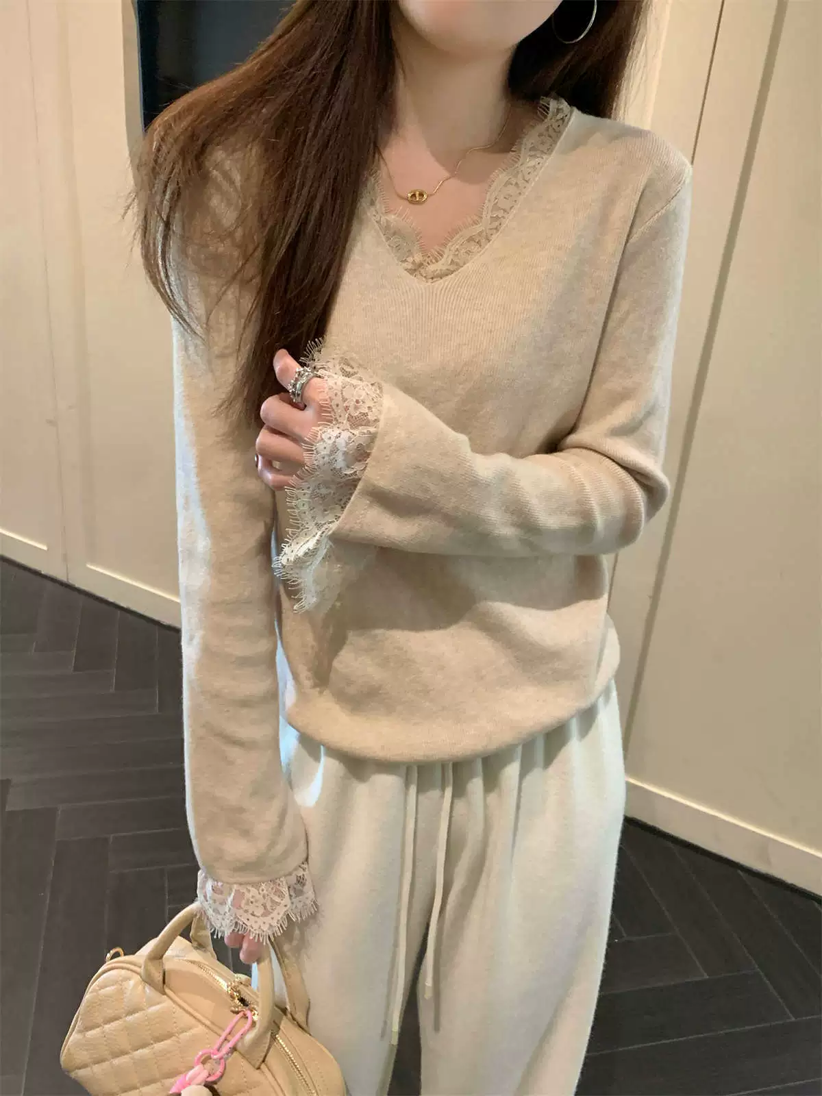 Lace knitted spring brand sweater, V-neckline