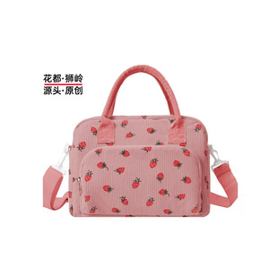 Cross-Border Hot-Selling Corduroy Strawberry Pink Lunch Bag Large Capacity Travel Picnic Ice Bag Insulated Lunch Box Storage Bag