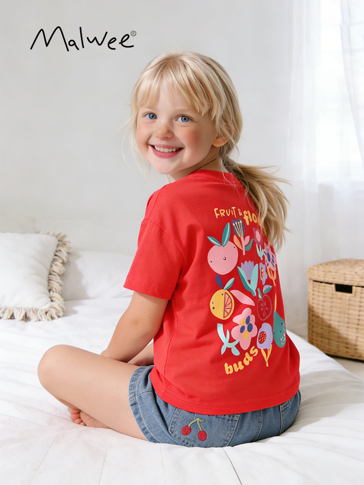 Malwee transfronterizo trajes infantiles niñas verano nueva camiseta de cuello redondo jeans casuales ropa infantil europea y americana