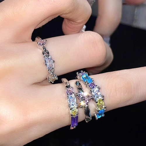 Ring for Women, Light Luxury, Unconventional Design, High-End, Unique, Colorful Zirconia, Sweet and Cool, Contrast Colors, Dreamy Rainbow Open Finger Ring