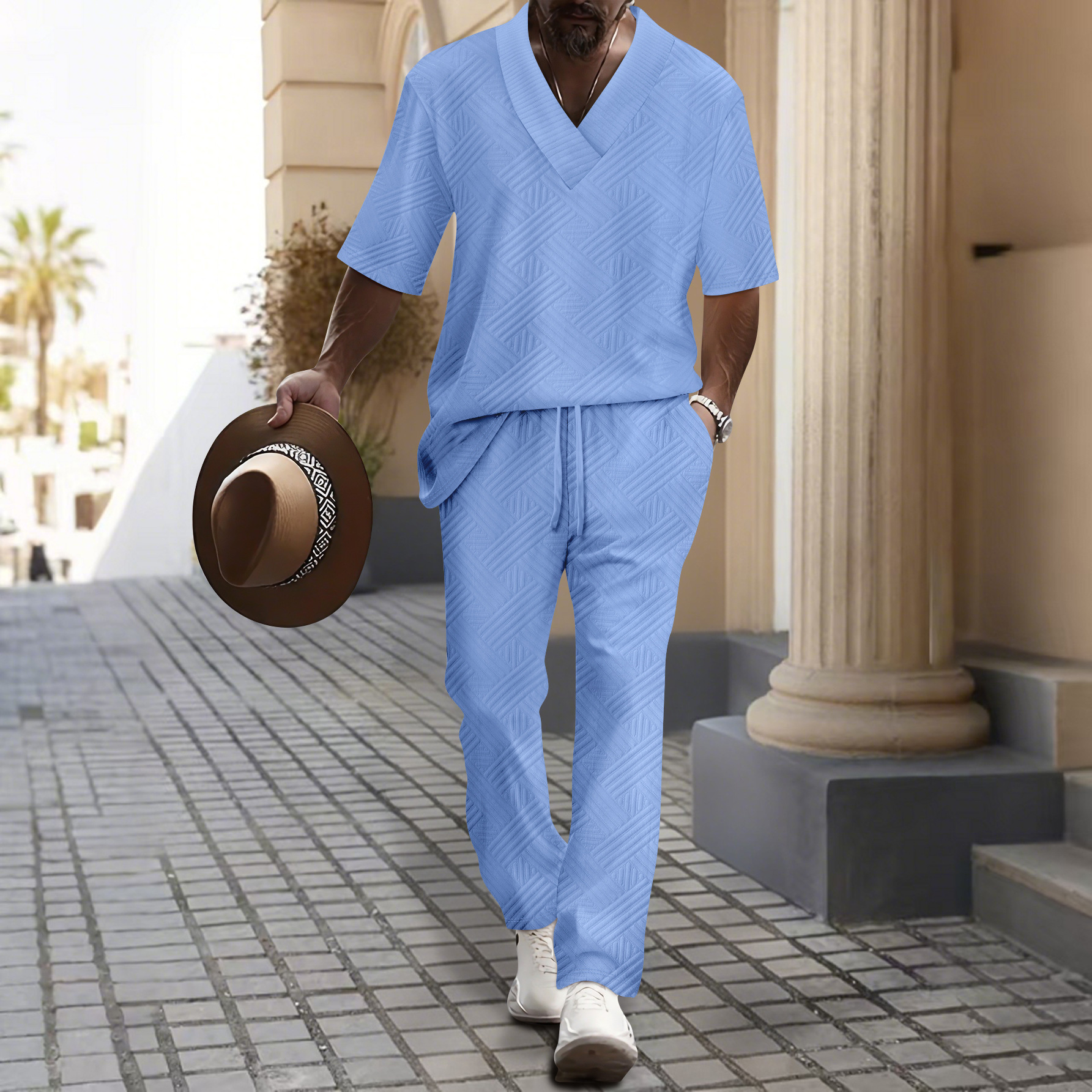 Men's Clothing Casual Short Sleeve V Neck Solid Color Jacquard Set American Style Summer Wear_viptrois.com