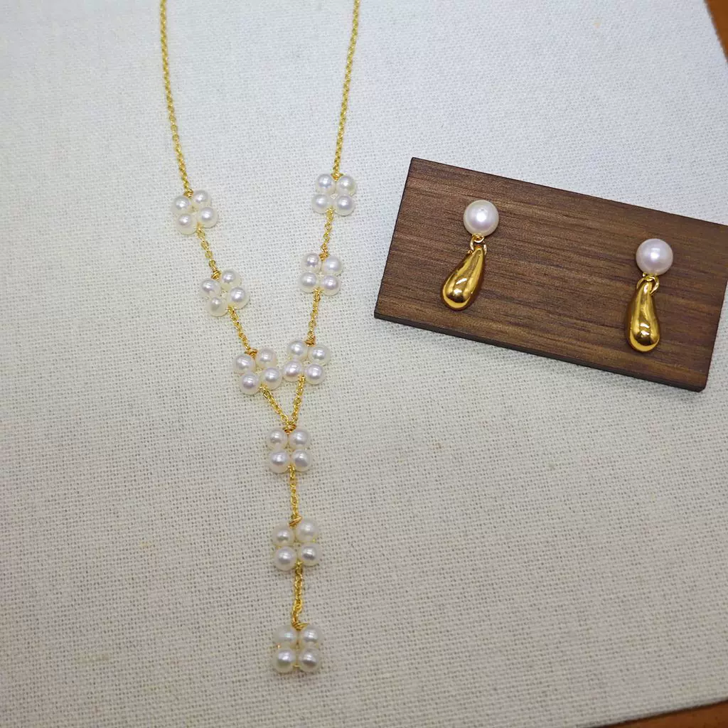 经典法式甜美近圆极光天然淡水珍珠花朵编织项链女小众颈链锁骨链