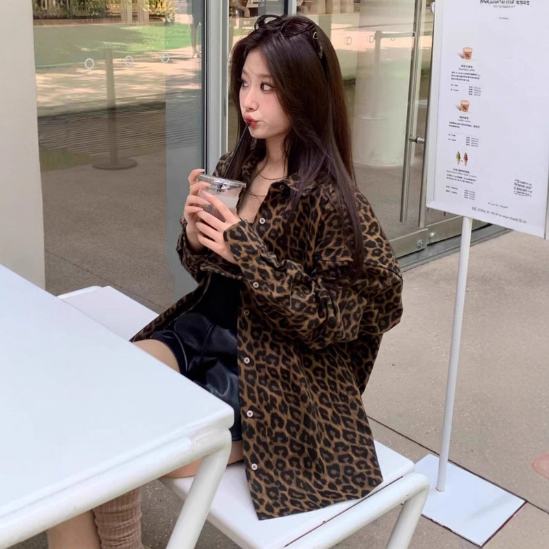 American Retro Leopard Print Shirt Jacket Women's Long-Sleeved Spring and Autum New 2025 Casual Loose Lazy Style Top