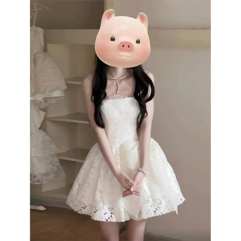 White Lace Strapless Dress 2026 New High-End Niche Birthday Party Waist-Cinching Slimming Elegant Evening Gown